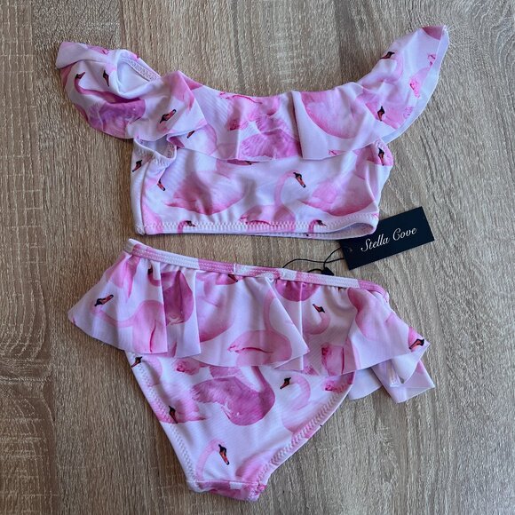 NWT STELLA COVE Ruffled Pink Flamingos off the shoulder swimsuit 4T - Picture 6 of 11